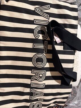 Victoria's Secret Black and Cream Striped Canvas Tote